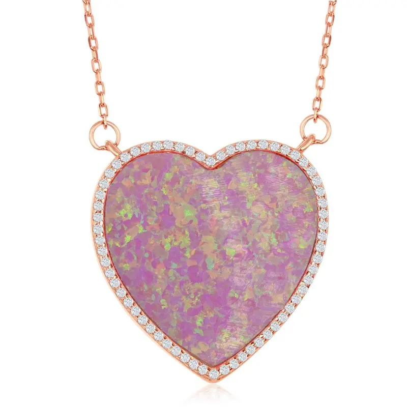 Sterling Silver Rose Tone Pink Inlay Opal Heart with CZ Border Necklace