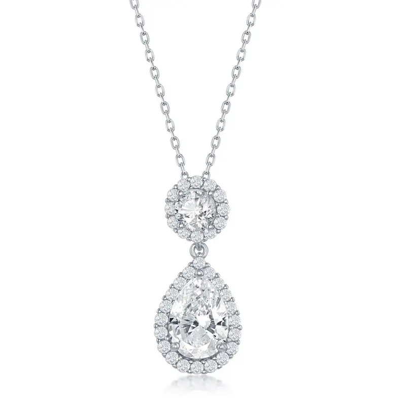 Sterling Silver Round and Pearshaped CZ Necklace