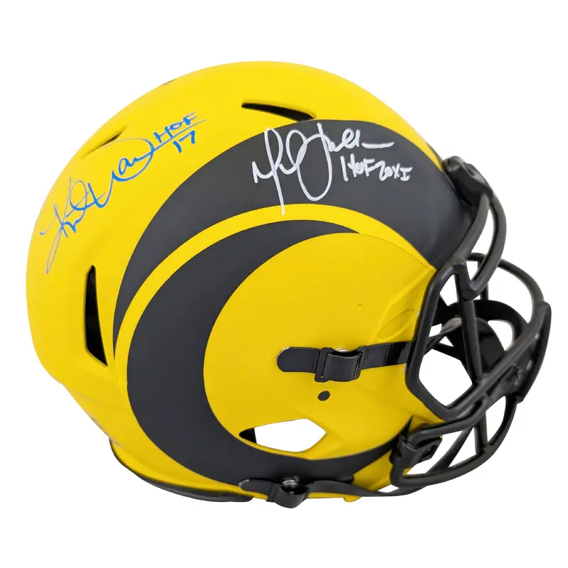 Rams Marshall Faulk & Kurt Warner "HOF" Signed Rave F/S Speed Proline Helmet BAS
