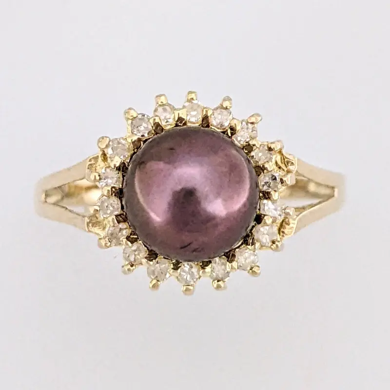14K DYED PEARL ROUND 7MM WITH (18) MELEE ESTATE RING 2.1 GRAMS