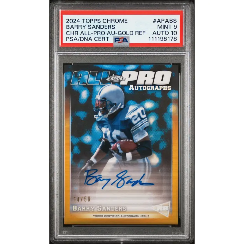 Barry Sanders 2024 Topps Chrome All-Pro Gold Refractor Auto #14/50 PSA 9 Auto 10