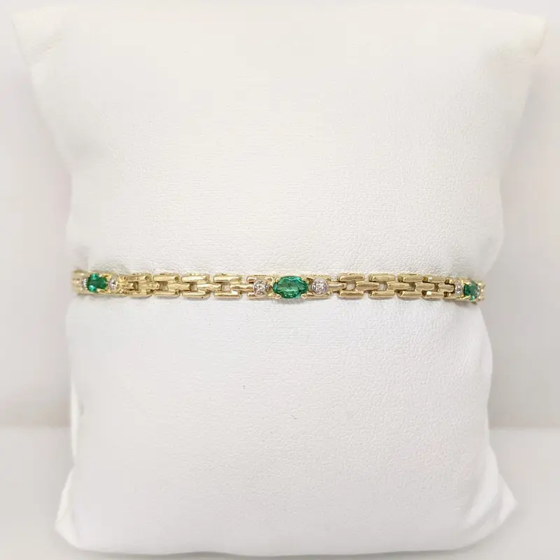 14K EMERALD OVAL (5) 3X5 WITH (10) MELEE ESTATE BRACELET 6.1 GRAMS