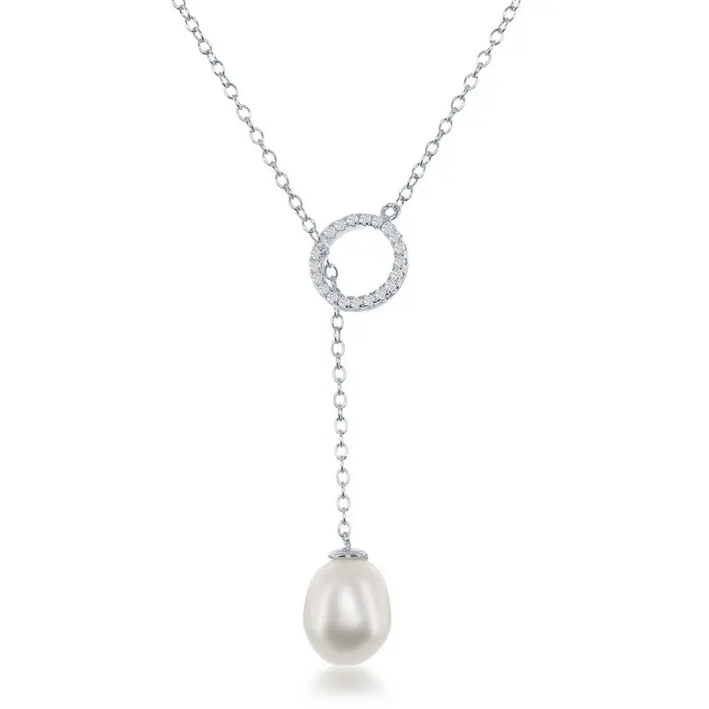 Sterling Silver CZ Circle with Teardrop Freshwater Pearl Adjustable Bolo Necklace