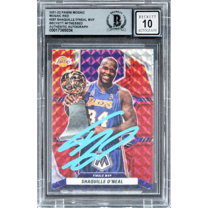 Lakers Shaquille O'Neal Signed 2021 Panini Mosaic Red #297 Card Auto 10 BAS Slab