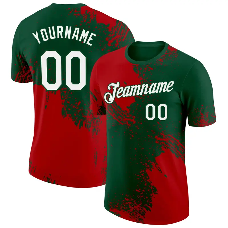 Custom Green White-Red 3D Pattern Design Abstract Brush Stroke Performance T-Shirt