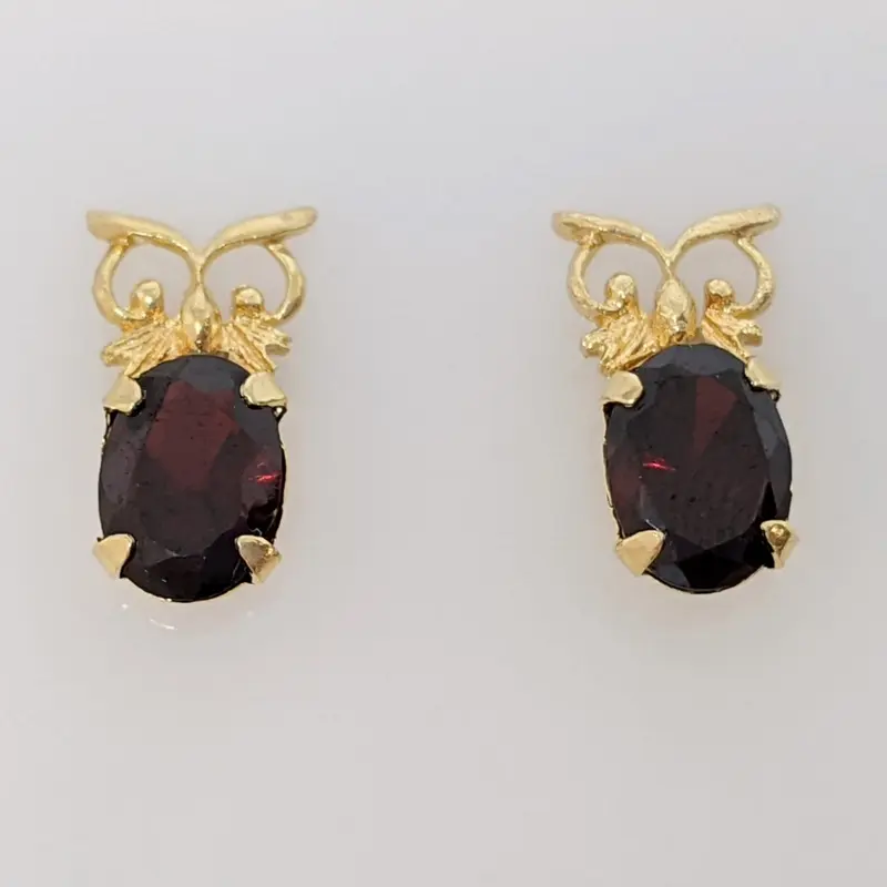 14K GARNET OVAL 5X7 OWL STUD ESTATE EARRINGS 1.3 GRAMS