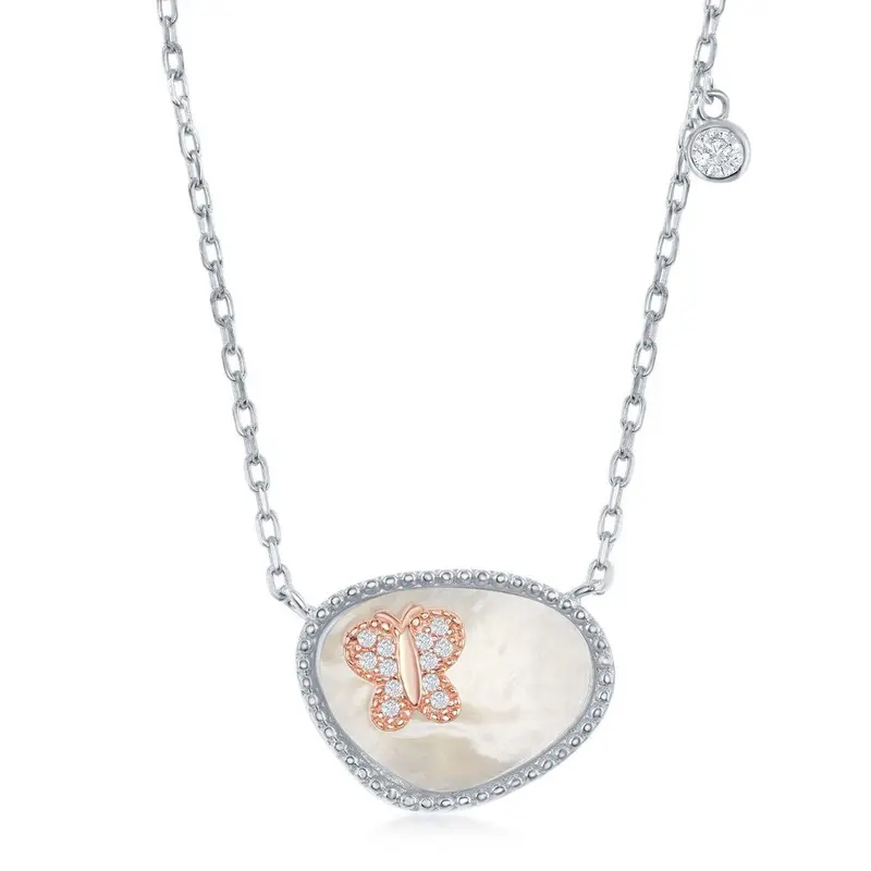 Sterling Silver Oval MOP and RG CZ Butterfly w/ Single Bezel Set CZ Neckalce