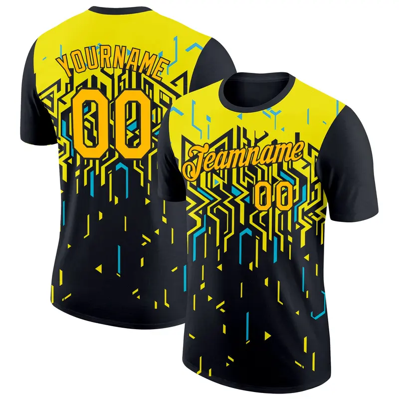Custom Black Gold Light Yellow-Sky Blue 3D Esports Performance T-Shirt