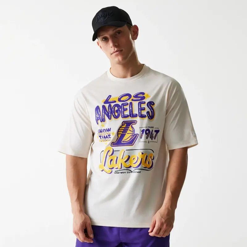 LA Lakers NBA Graphic Light Beige Oversized T-Shirt