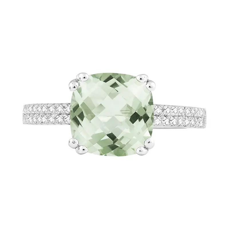 Sterling Silver 2.98 ct Cushion Green Amethyst with .288 ct White Topaz Ring