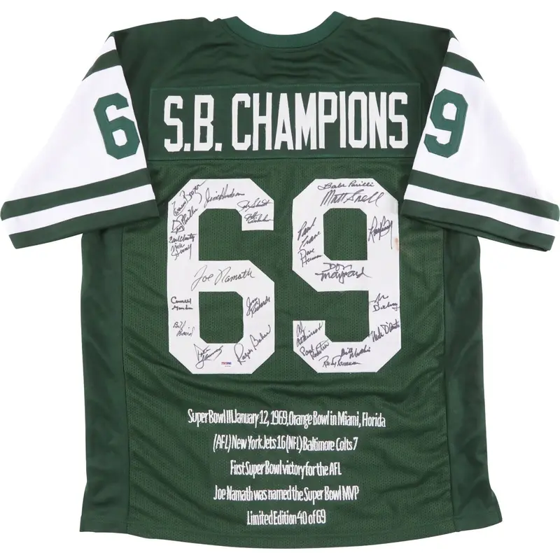1969 New York Jets Super Bowl Champs Team Signed Jersey Joe Namath PSA DNA COA