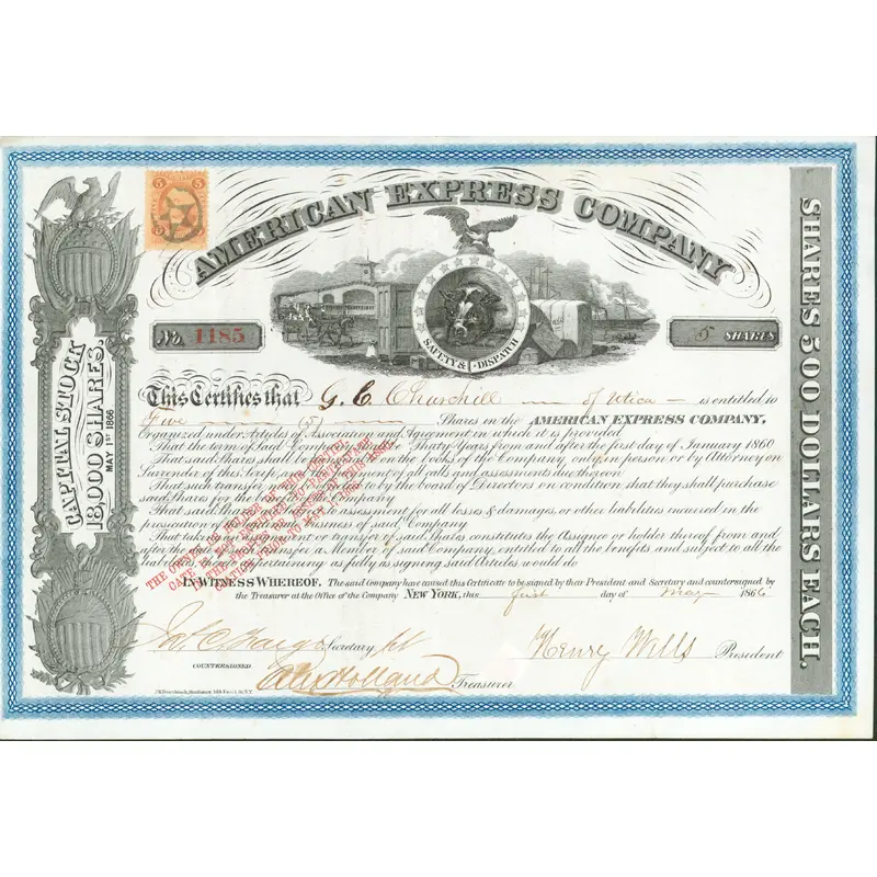 Henry Wells & William Fargo Signed 1866 American Express Stock Certificate BAS