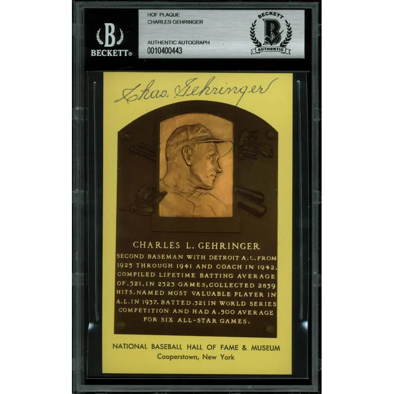 Tigers Charles Gehringer Authentic Signed 3.5x5.5 HOF Plaque Postcard BAS Slab