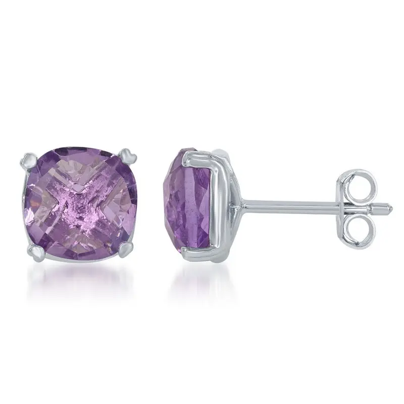 Sterling Silver, 8mm Cushion-cut Gem Studs - Amethyst