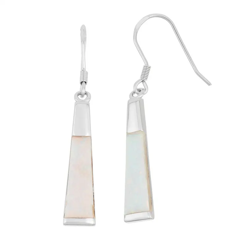 Sterling Silver White Inlay Opal Long Thin Earrings