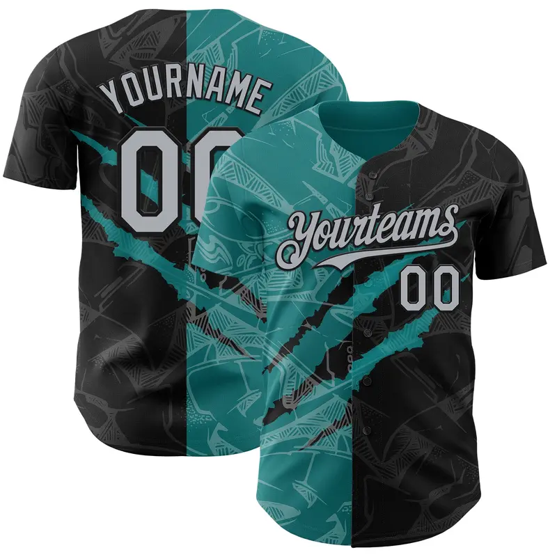 Custom Graffiti Pattern Gray Black-Teal 3D Scratch Authentic Baseball Jersey