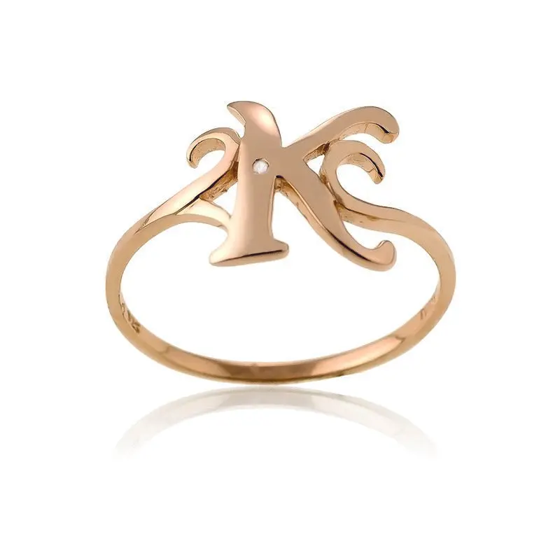 Sterling Silver 1 Micron Rose Gold-plating Single CZ "K" Ring