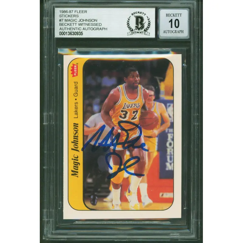 Lakers Magic Johnson Signed 1986 Fleer Stickers #7 Card Auto 10! BAS Slabbed