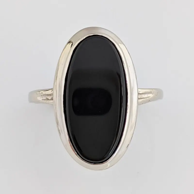 14K WHITE ONYX OVAL 7X18 WITH GOLD TRIM ESTATE RING 2.9 GRAMS