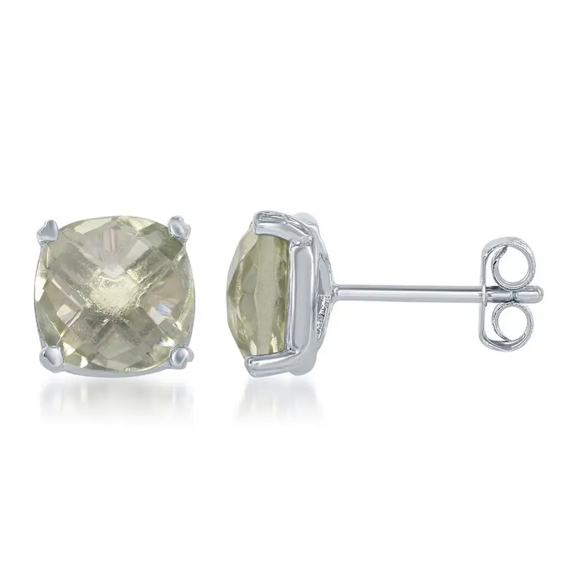 Sterling Silver, 8mm Cushion-cut Gem Studs - Green Amethyst