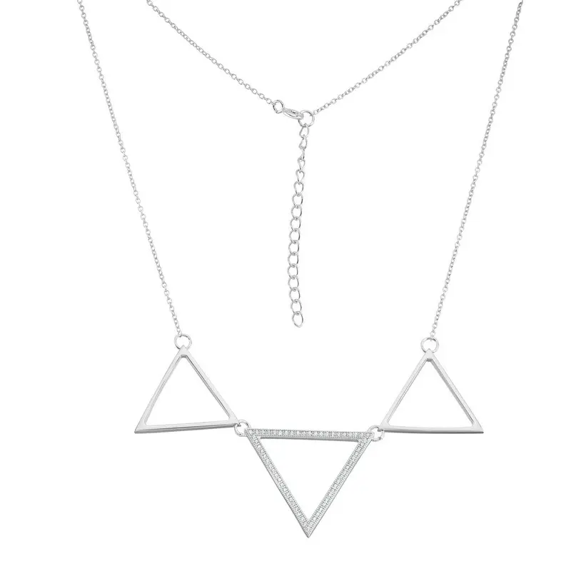 Sterling Silver  Open Triple Triangle with CZ Necklace