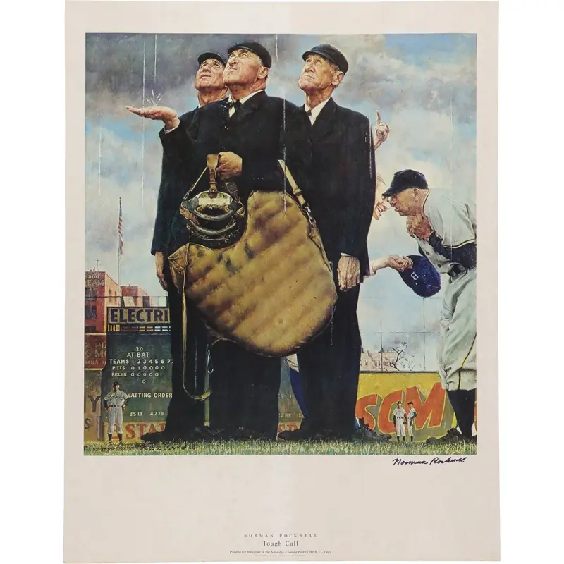 Norman Rockwell "Tough Call" Signed Baseball Lithograph Photo Beckett COA