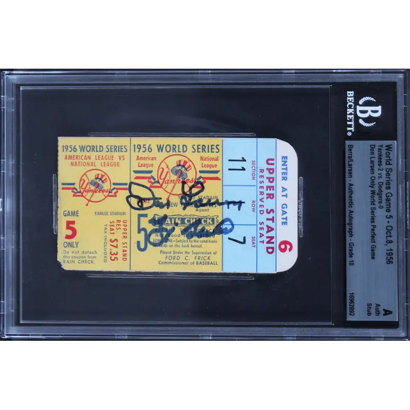 Yogi Berra & Don Larsen Signed 1956 WS Game 5 PG Ticket Stub Auto 10 BAS Slabbed