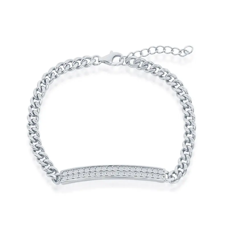 Sterling Silver, Micro Pave ID Cuban Chain Bracelet
