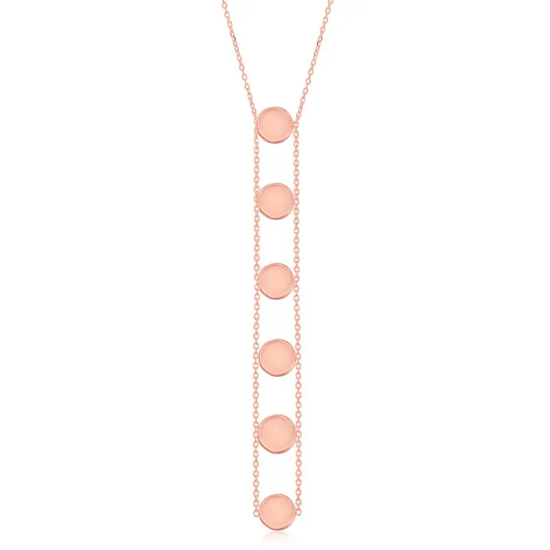 Sterling Silver Y-Style Station Shiny Disc Necklace - Rose Gold Plated