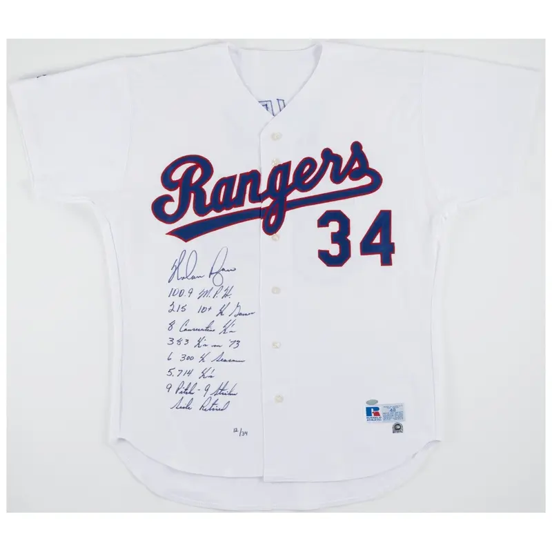 Nolan Ryan Signed Heavily Inscribed Texas Rangers Game Model STAT Jersey Steiner