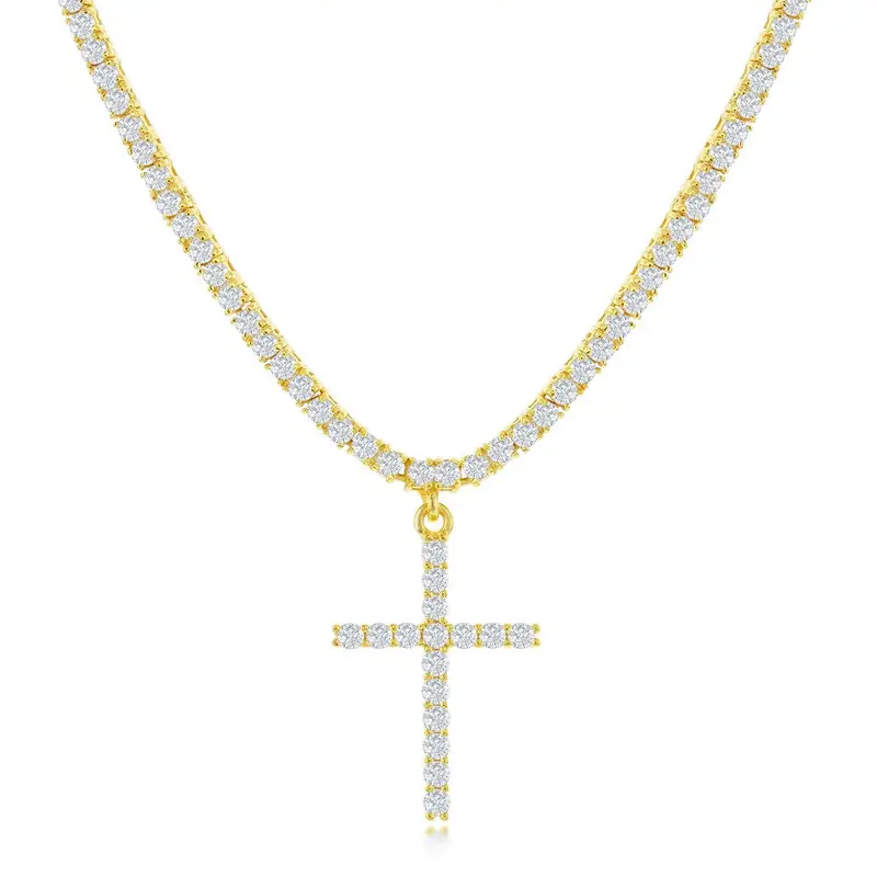 Sterling Silver CZ Cross Tennis Necklace - Gold Plated