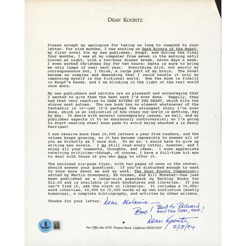 Dean Koontz Author Authentic Signed 8.5x11 Letter  Autographed BAS #BS29248