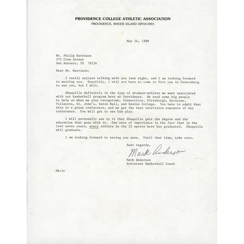 1988 Providence College Shaquille O'Neal Recruitment Letter