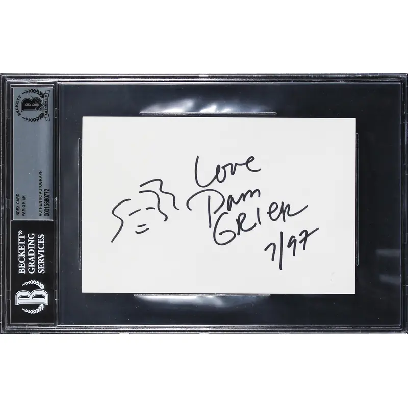Pam Grier Jackie Brown "Love" Signed 4x6 Index Card w/ Sketch BAS Slabbed