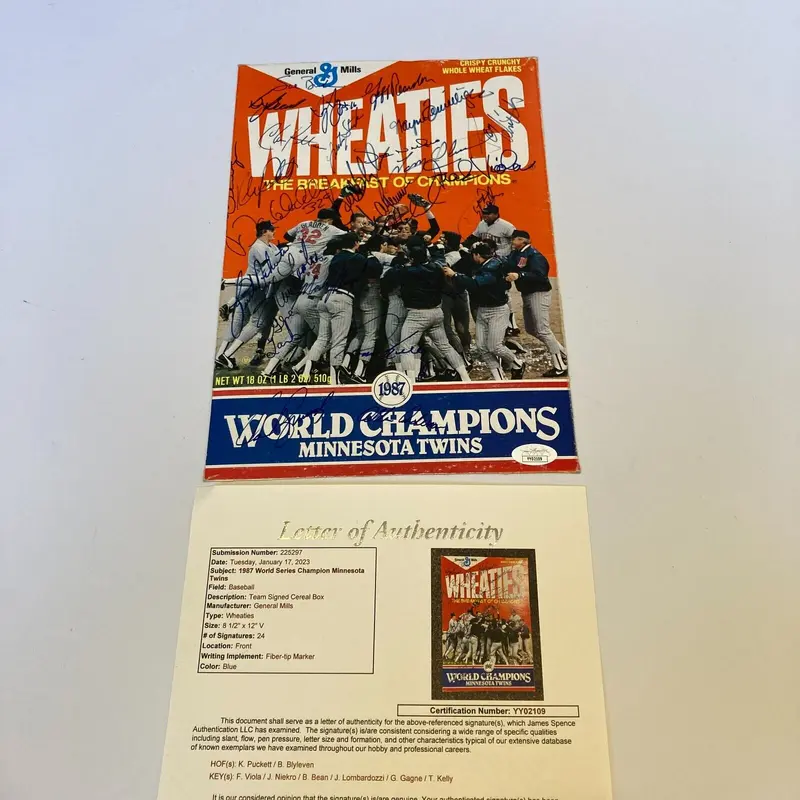 1987 Minnesota Twins World Series Champs Team Signed Wheaties Box With JSA COA