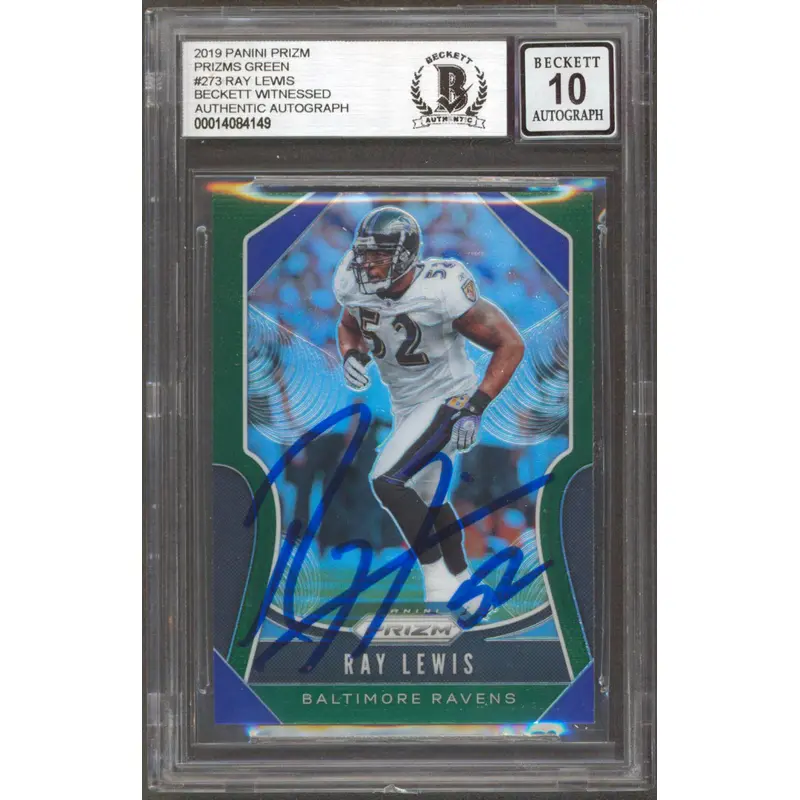 Ravens Ray Lewis Signed 2019 Panini Prizms Green #273 Card Auto 10! BAS Slabbed