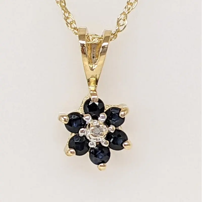 14K SAPPHIRE ROUND (6) 1.7MM WITH MELEE ESTATE PENDANT & CHAIN 1.1 GRAMS