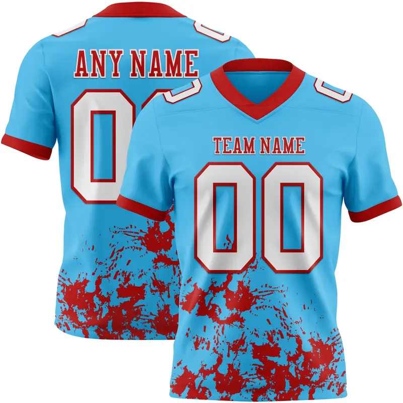 Custom Sky Blue White-Red Splash Mesh Authentic Football Jersey