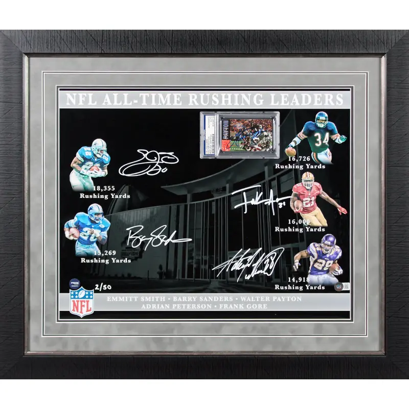 NFL Leading Rushers (5) Payton, Smith, Sanders, Gore Framed Display LE #2/50 BAS