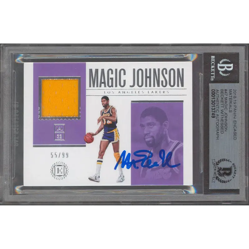 Magic Johnson Signed 2018 Panini Encased Materials #47 #55/99 Auto 10! BAS Slab