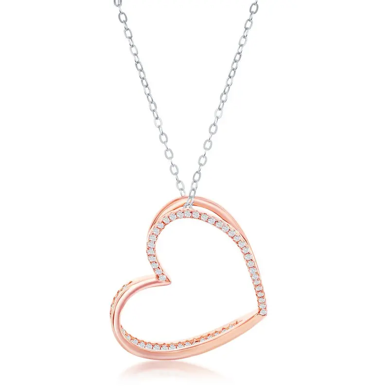 Sterling Silver, Rose Gold Plated, 3D Heart Necklace - White CZ