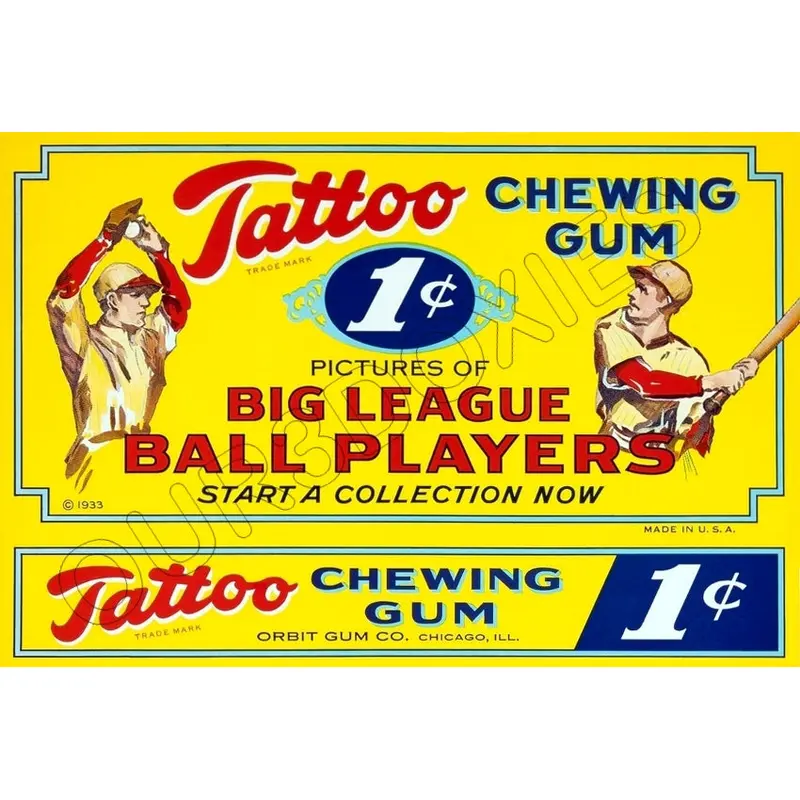 1933 Tattoo Orbit Gum Baseball Cards Store Counter Advertising Standup Sign - 993
