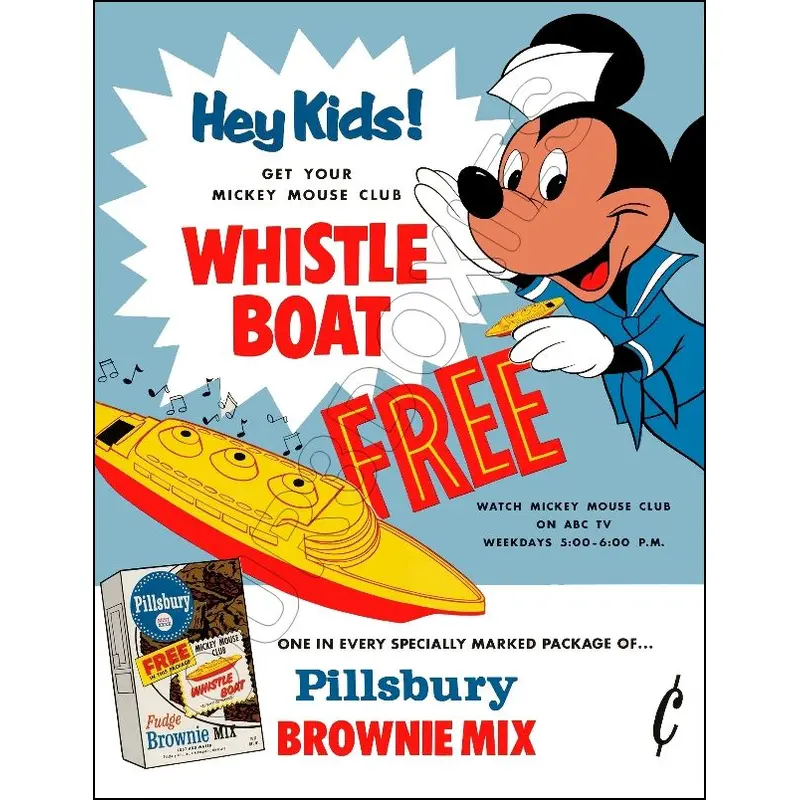 1950's Pillsbury Store Counter Standup Sign - Mickey Mouse Club Boat Whistle - 2420