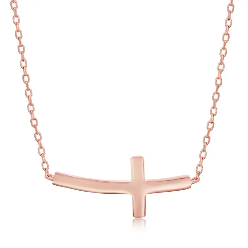 Sterling Silver Curved Sideways Cross necklace - Rose Gold Plated