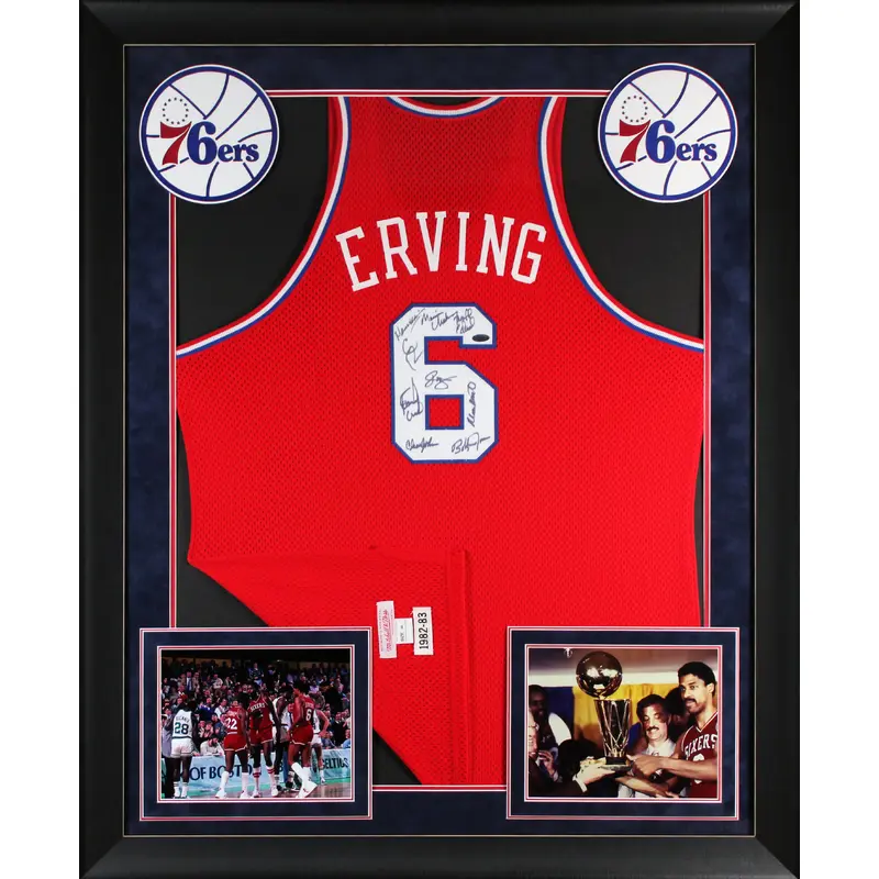 1982-83 76ers (9) Erving, Malone, Cheeks Signed Red M&N Framed Jersey Steiner
