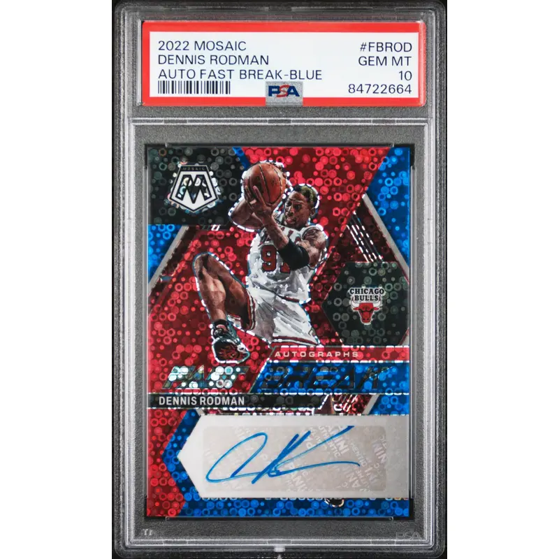 Dennis Rodman 2022 Panini Mosaic Fast Break Blue Auto #5/25 PSA 10 Gem Mint