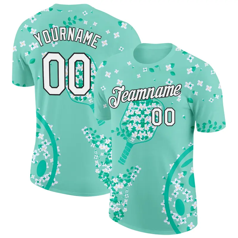 Custom Green White-Black 3D Pickleball Paddles Balls Floral Performance T-Shirt