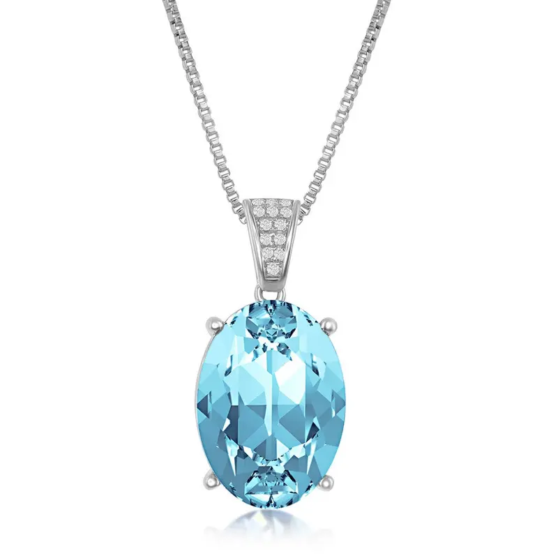Sterling Silver CZ Bale and 14x10mm Oval - Aqua Swarovski Element Necklace