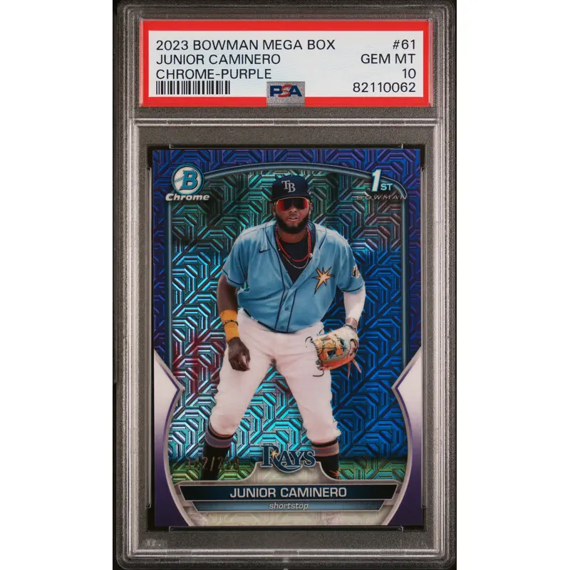 Junior Caminero 2023 Bowman Mega Box Purple Refractor #142/250 PSA 10 Gem Mint