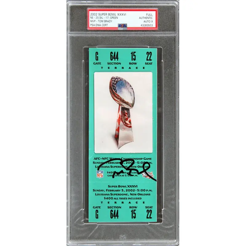 Patriots Tom Brady Signed Super Bowl XXXVI Full Ticket Stub Auto 9! PSA Slabbed